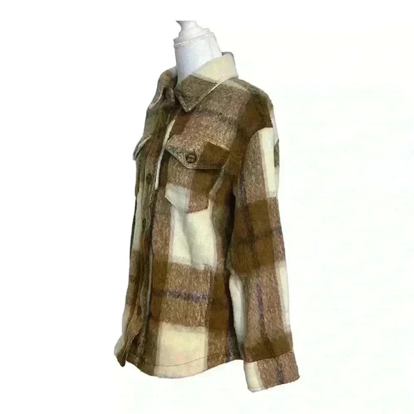 Avec Les Filles NWT Cognac Plaid Oversized Shacket Neutral Brown Button Down S - Picture 4 of 9